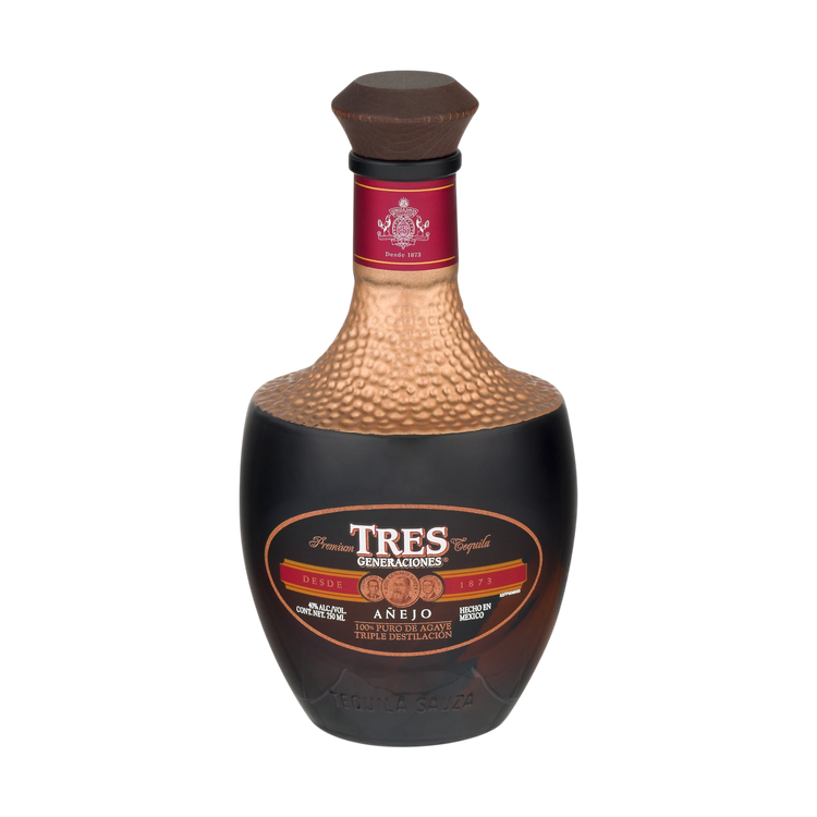 Front view of Tres Generaciones Anejo Tequila bottle with decorative label and cork stopper
