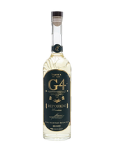 Front view of G4 Reposado Tequila bottle with a gold label and cork stopper
