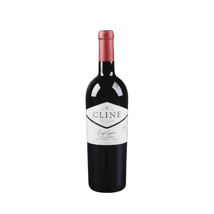 304 Liquor bottle of Cline Eight Spur Zinfandel red wine from Dry Creek Valley with a red foil capsule