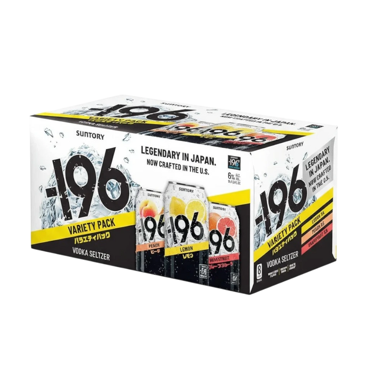 304 Liquor Suntory Minus 196 hard vodka seltzer variety 8-pack featuring lemon, peach, and grapefruit flavors.