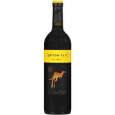 Front view of the yellow and black labeled red wine bottle on a white background.