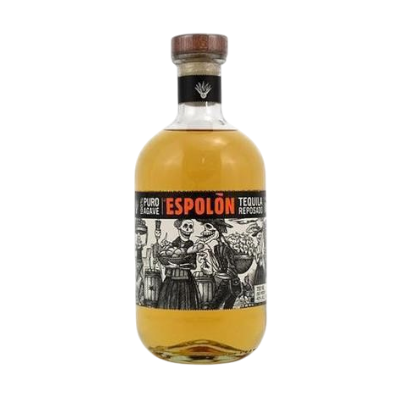 Front view of Espolon Tequila Reposado bottle featuring a yellow and black label on a white background