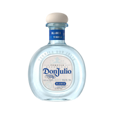 Front view of clear tequila bottle with cork closure and label design on a white background