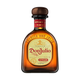 Front view of Don Julio Reposado Tequila bottle with a curved shape and cork stopper