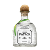 Front view of Patron Silver Tequila bottle with a clear liquid and cork stopper