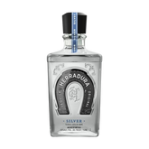 Front view of Tequila Herradura Silver bottle with a clear body and silver label on a white background