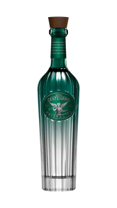 Front view of Gran Centenario Cristalino Anejo Tequila bottle with a tapered shape and wooden cork.