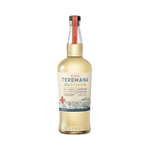 Front view of Teremana Tequila Reposado bottle with red cap and clear liquid on a white background