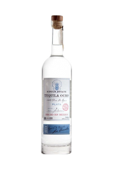 Front view of Tequila Ocho Plata in a clear glass bottle with a wooden cork.