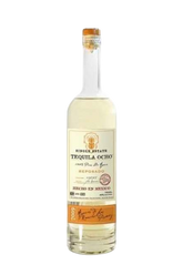 Front view of Tequila Ocho Reposado bottle with orange cap and label on a white background