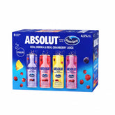 Front view of Absolut Ocean Spray cans in blue, pink, and yellow packaging