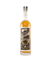 Front view of the clear tequila bottle with a decorative label and cork stopper