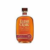 Front view of Elijah Craig 15Yr Single Barrel Bourbon bottle with an amber color and cork stopper