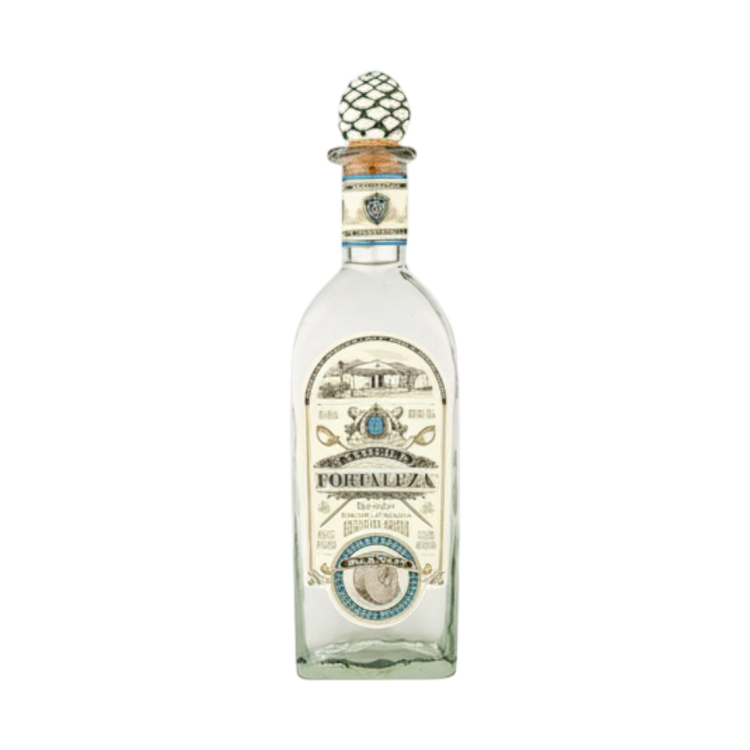 Front view of Fortaleza Blanco Tequila bottle with decorative label and cork stopper