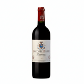 Front view of the red wine bottle with a label design on a white background