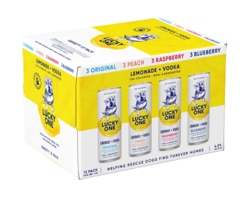 304 Liquor Lucky One hard vodka lemonade variety 12 pack featuring original, peach, raspberry, and blueberry cans