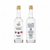 Front view of clear vodka bottle with gold cap and label design on a white background