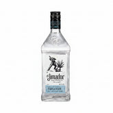 Front view of el Jimador Silver Tequila bottle with a clear, transparent design and black cap.