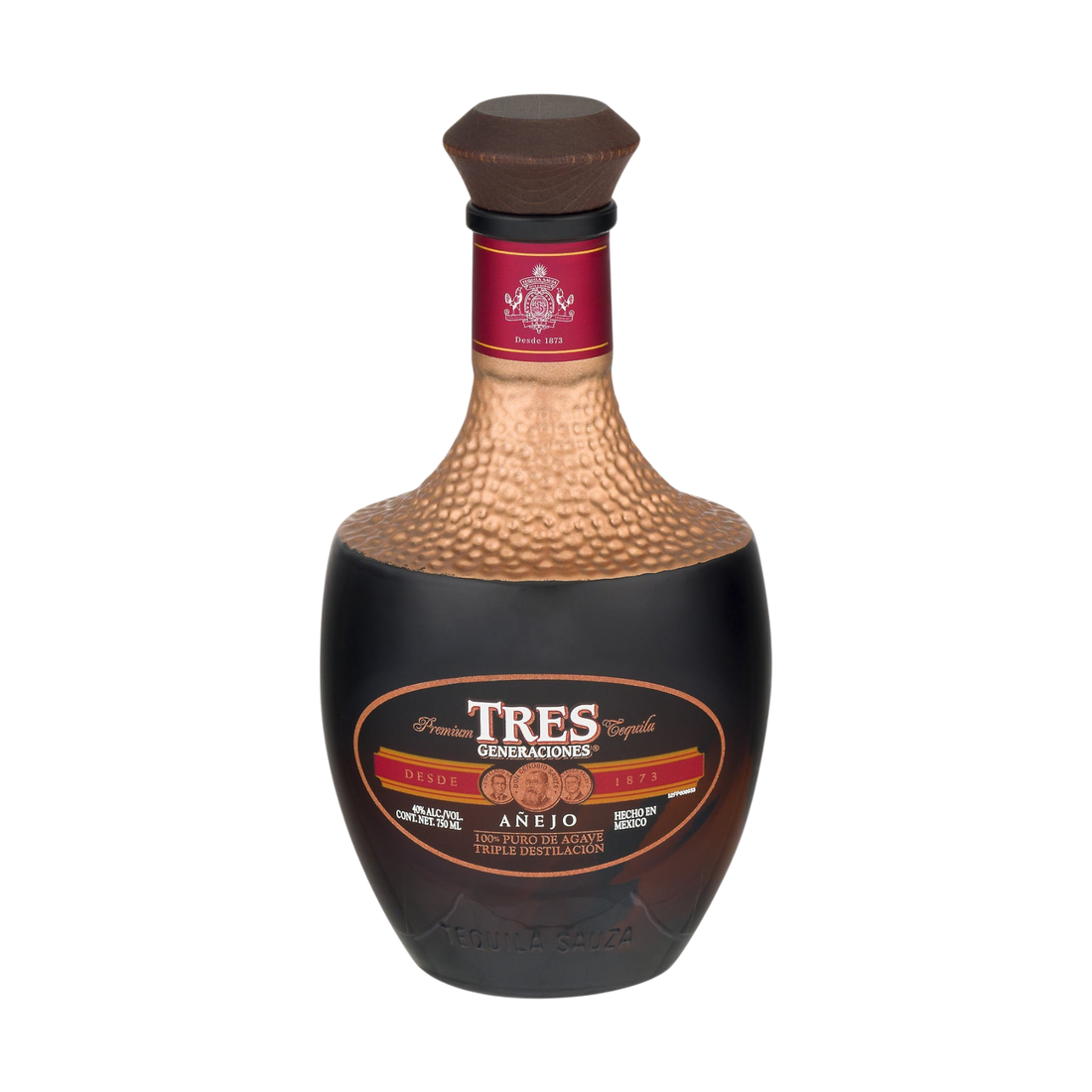 Front view of Tres Generaciones Anejo Tequila bottle with decorative label and cork stopper