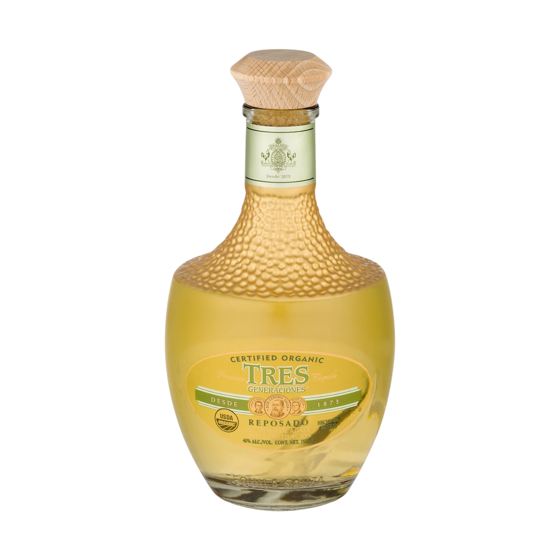 Detail close-up of Tres Generaciones Reposado Tequila bottle with cork stopper and gold accents