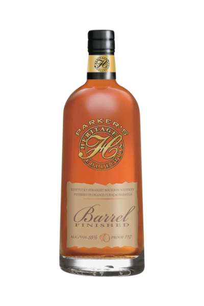 Front view of Parker's Heritage bourbon bottle with gold accents on a white background
