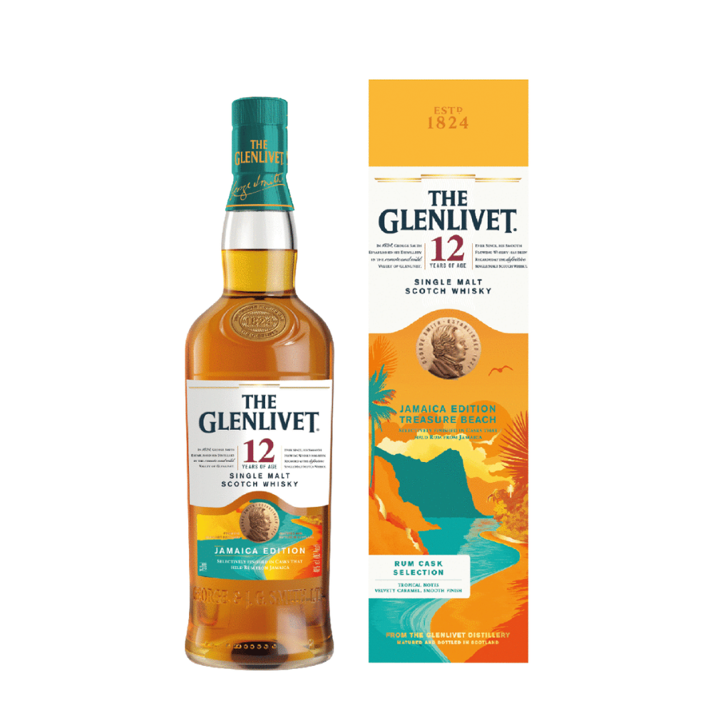 304 Liquor bottle of The Glenlivet 12 Year Old Jamaica Edition single malt Scotch whisky with its vibrant gift box.