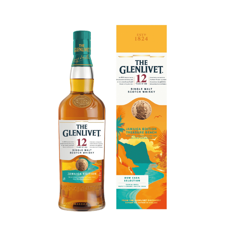 304 Liquor bottle of The Glenlivet 12 Year Old Jamaica Edition single malt Scotch whisky with its vibrant gift box.