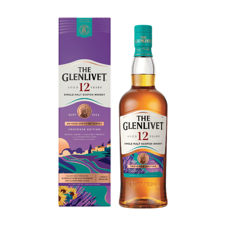 304 Liquor Glenlivet 12 Year Old Provence Edition single malt Scotch whisky bottle and its decorative purple box.