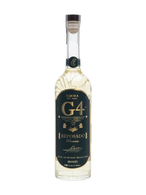 Front view of G4 Reposado Tequila bottle with a gold label and cork stopper