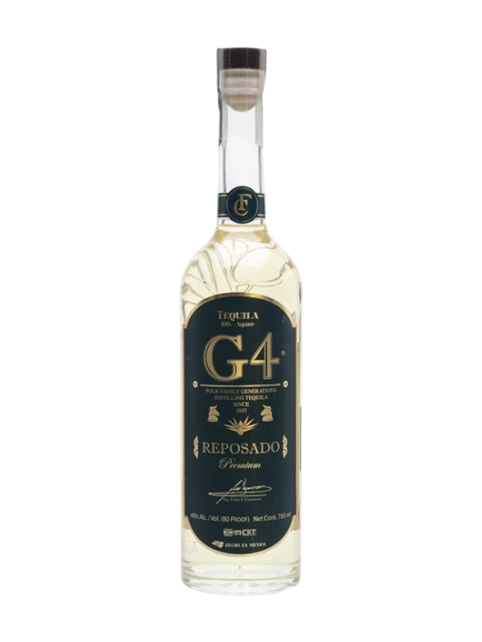 Front view of G4 Reposado Tequila bottle with a gold label and cork stopper