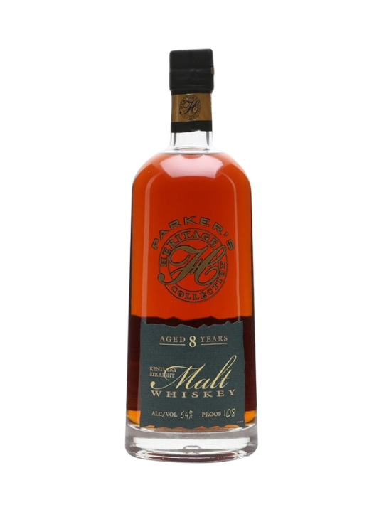 Front view of Parker's Heritage 8 Year Old Straight Malt whiskey bottle with amber color and black label.