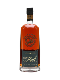 Front view of Parker's Heritage 8 Year Old Straight Malt whiskey bottle with amber color and black label.