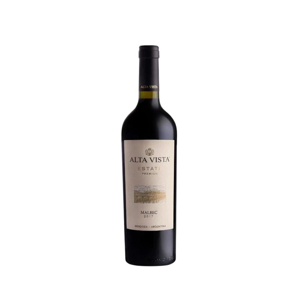 304 Liquor Alta Vista Estate Malbec red wine bottle from Mendoza, Argentina with a cream label on a white background.