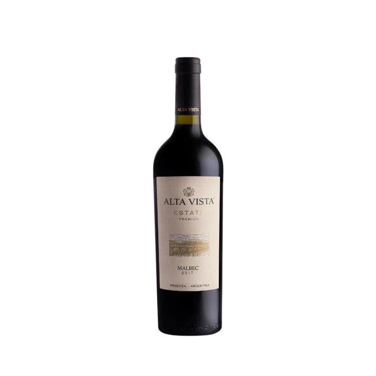 304 Liquor Alta Vista Estate Malbec red wine bottle from Mendoza, Argentina with a cream label on a white background.