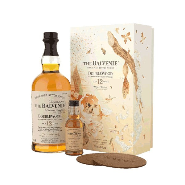 304 Liquor Balvenie 12 Year Doublewood gift set featuring a 750ml bottle, 50ml 14 Year miniature, and two coasters.