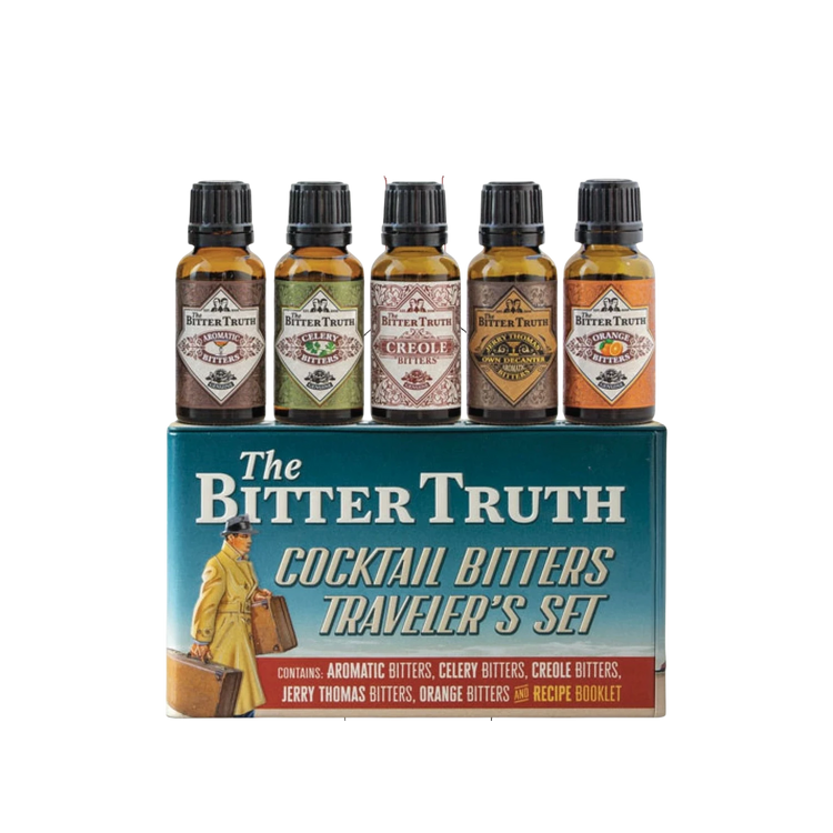 304 Liquor Bitter Truth Cocktail Bitters Traveler's Set featuring five 100ml assorted flavor bottles in a gift box.