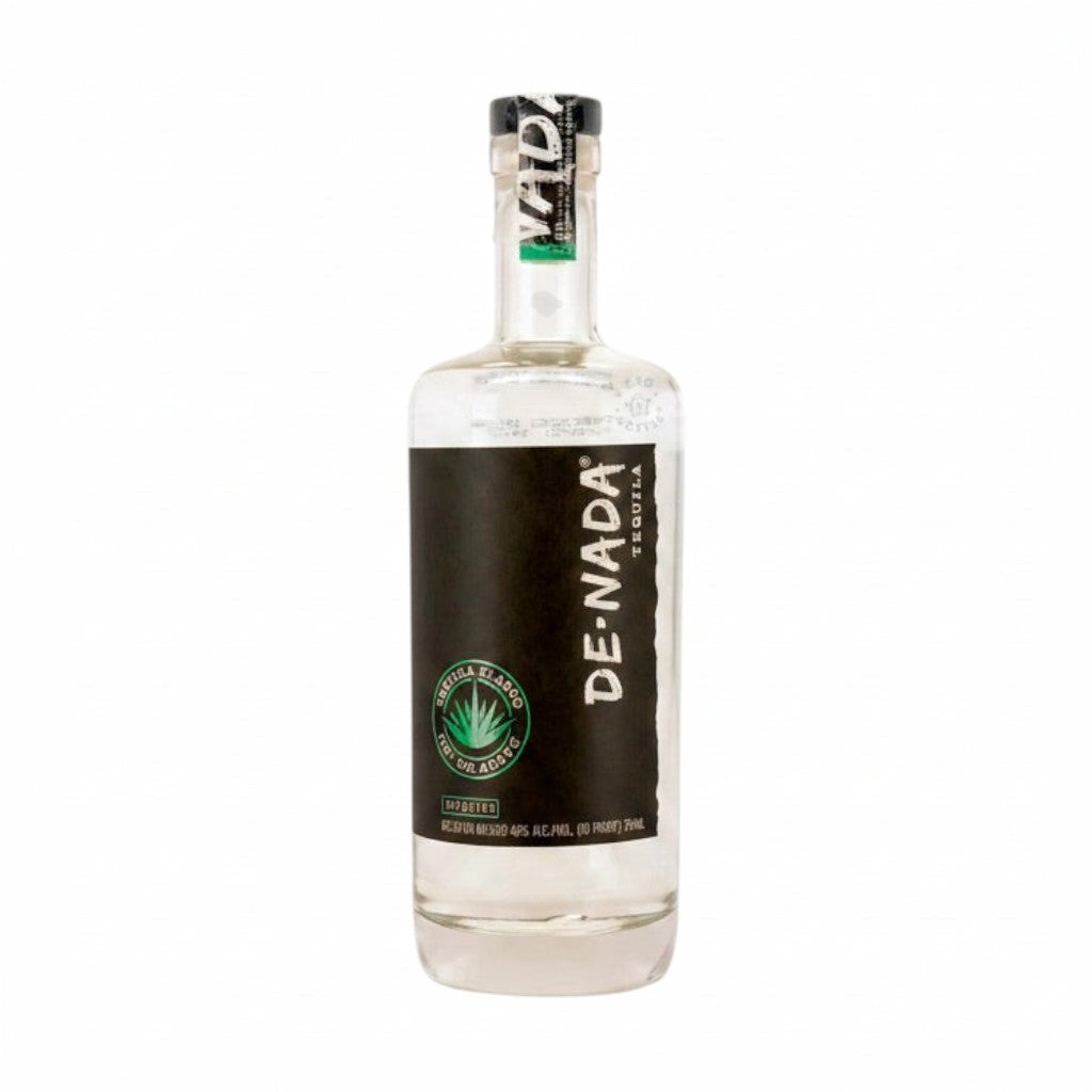304 Liquor De Nada Blanco Tequila in a clear glass bottle with a black label featuring agave illustration