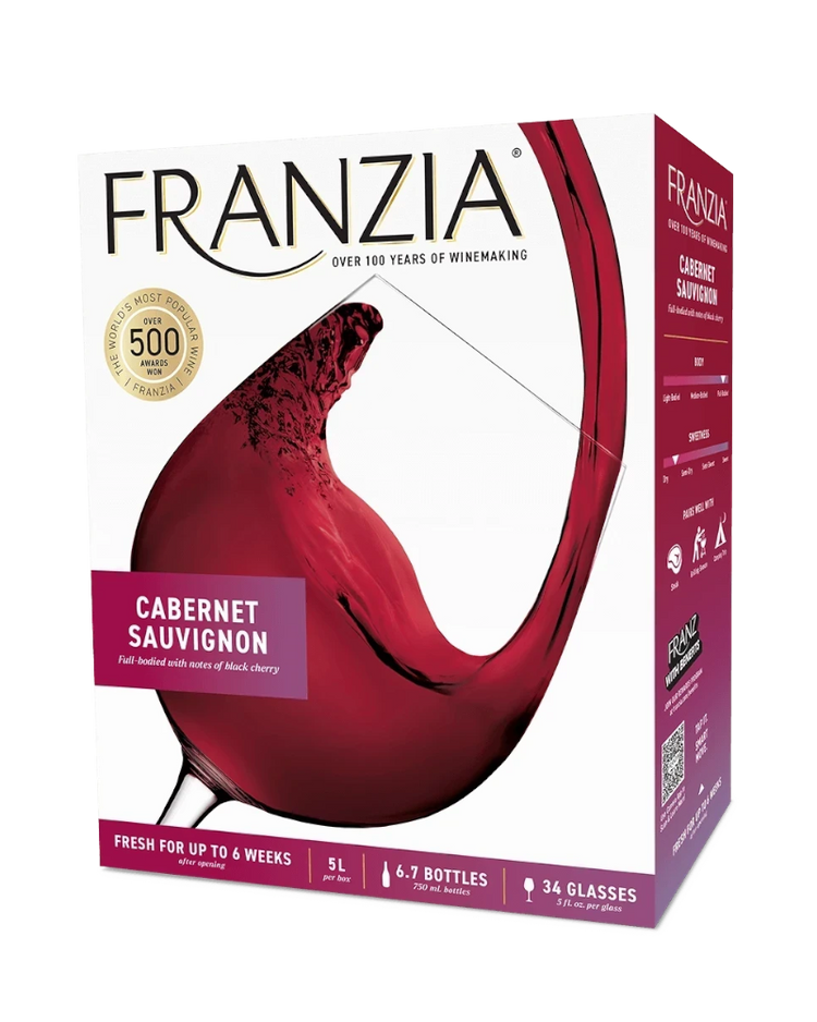 304 Liquor Franzia Cabernet Sauvignon 5L box featuring a splash of red wine and notes of black cherry and oak.