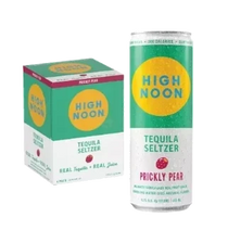 304 Liquor High Noon Prickly Pear Tequila Seltzer 4 pack and single can with condensation on a white background