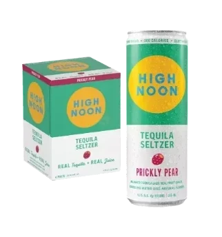 304 Liquor High Noon Prickly Pear Tequila Seltzer 4 pack and single can with condensation on a white background