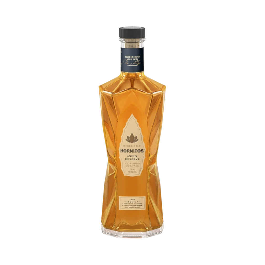 304 Liquor Hornitos Anejo Tequila 750ml bottle with a deep amber hue and unique faceted glass design