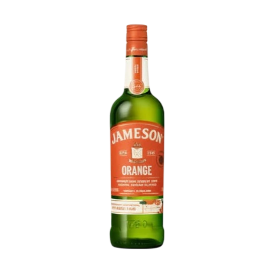304 Liquor Jameson Orange Irish whiskey bottle with a vibrant orange label and cap on a white background