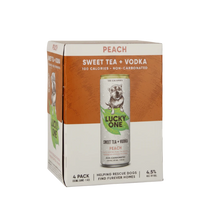 304 Liquor Lucky One Hard Vodka Iced Tea Peach 4 pack featuring a dog illustration on the can and cardboard box