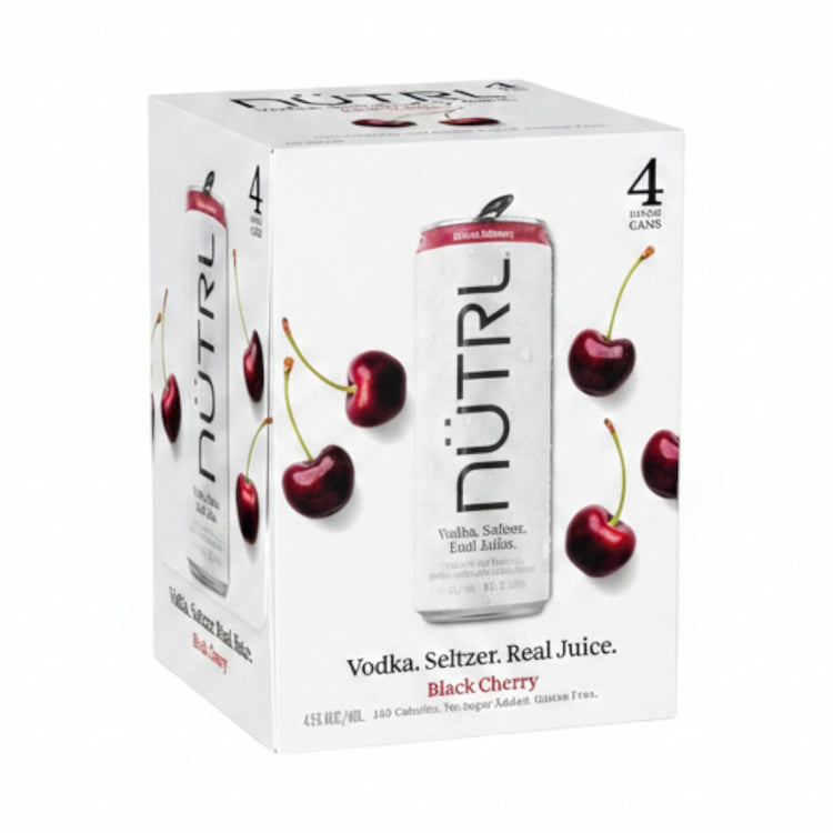 304 Liquor 4-pack of Nutrl Black Cherry hard vodka seltzer cans featuring real fruit juice and a clean design.