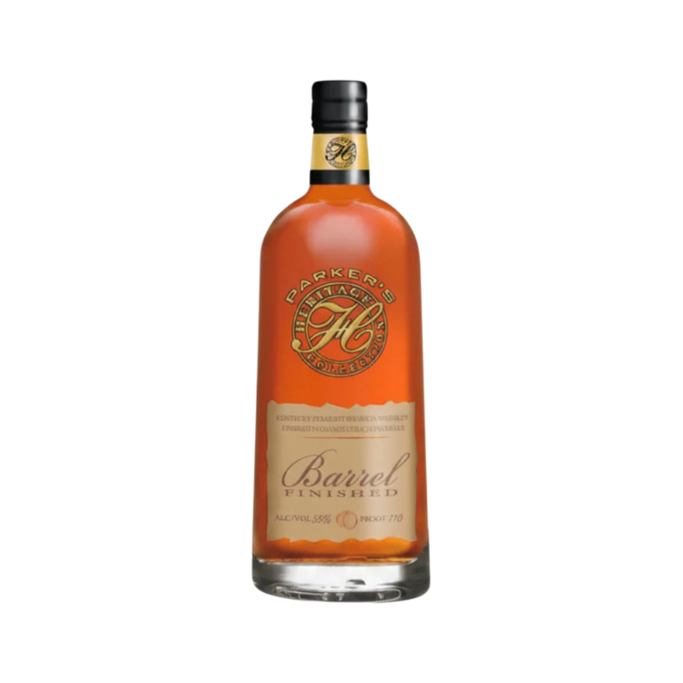 304 Liquor Parker's Heritage Barrel Finished 110 Proof Bourbon in a glass bottle with a gold and black label.