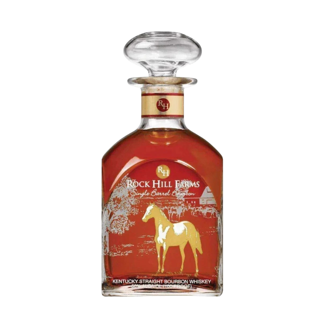 304 Liquor Rock Hill Farms Single Barrel Kentucky straight bourbon whiskey in a decorative bottle with horse label