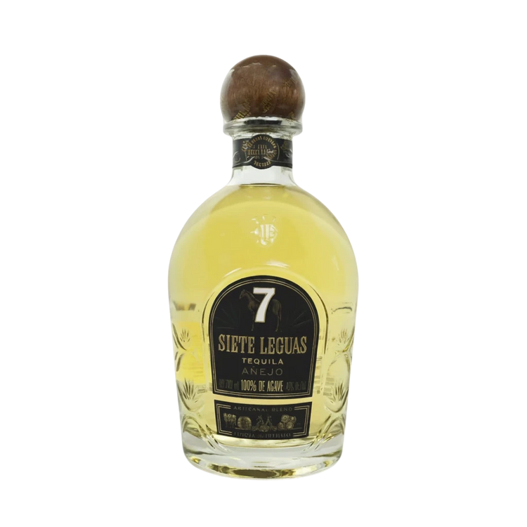304 Liquor Siete 7 Leguas Anejo Tequila in a clear glass bottle with a wooden stopper and black label