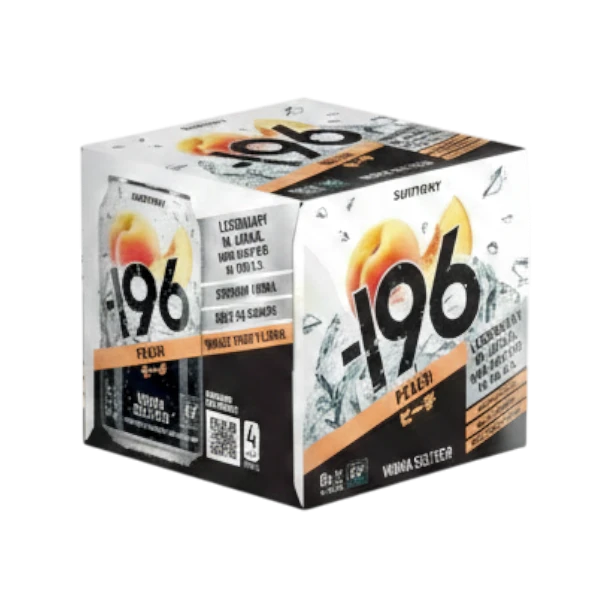304 Liquor Suntory Minus 196 Hard Vodka Seltzer Peach 4 pack box featuring fresh peach imagery on a white background.