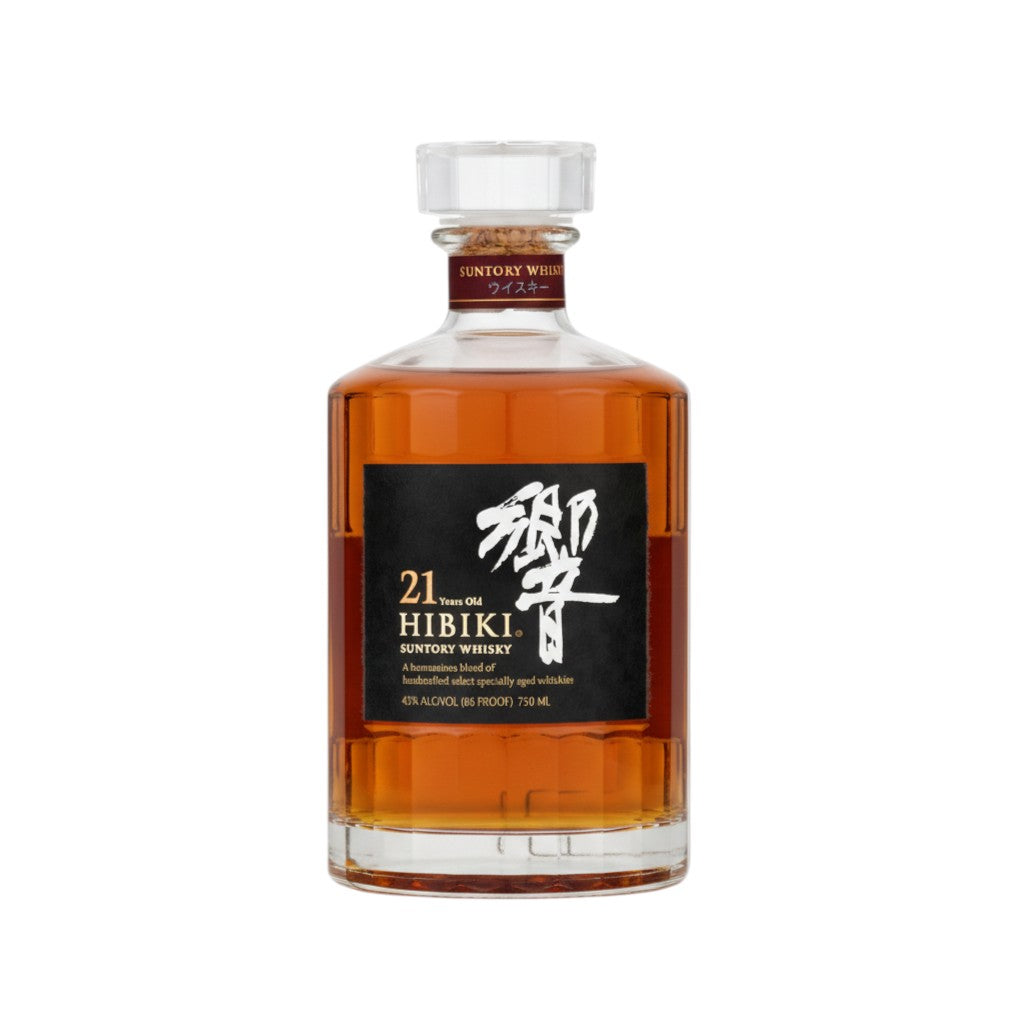 304 Liquor Suntory Hibiki 21 Year Old Japanese whisky in a signature 24-facet glass decanter with a black label.