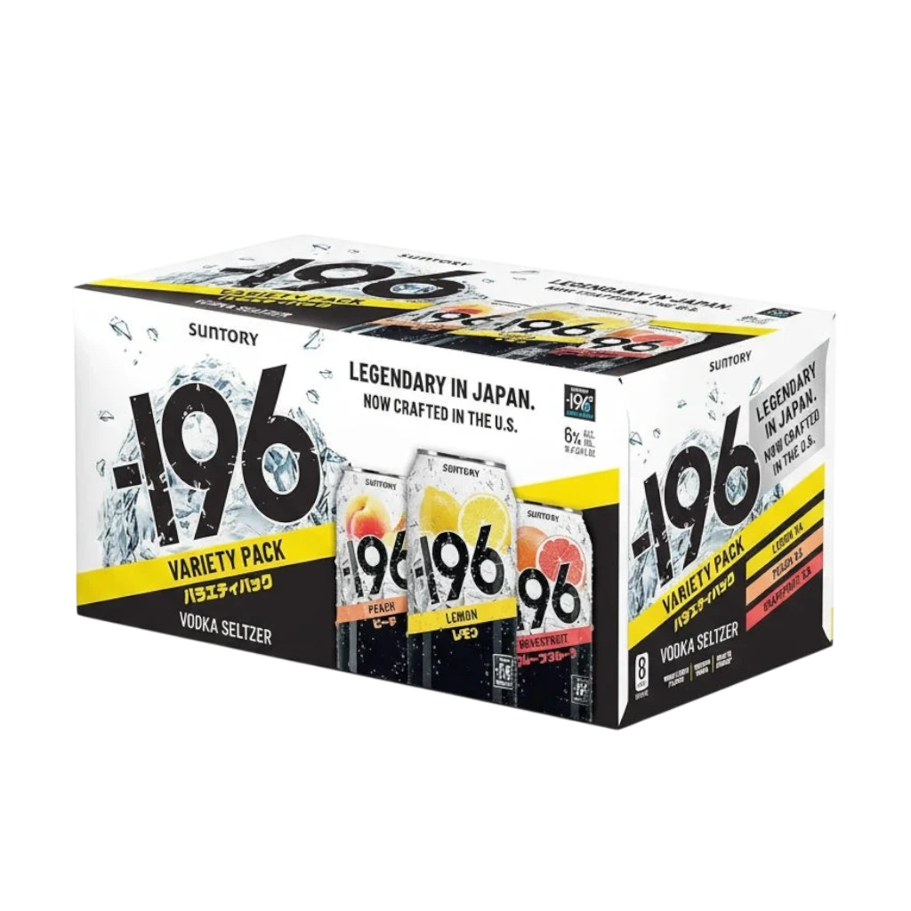 304 Liquor Suntory Minus 196 hard vodka seltzer variety 8-pack featuring lemon, peach, and grapefruit flavors.